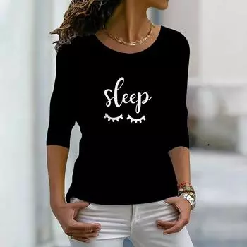 Топы для женщин с принтом черных букв 3D, круглый вырез, длинный рукав, футболка, осенний повседневный тонкий пуловер, женский топ с длинным рукавом XS розовый