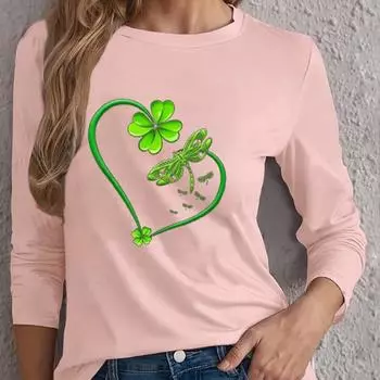 Топы для женщин с принтом «Clover Love» и круглым вырезом, футболка с длинным рукавом, осенний повседневный тонкий пуловер, женский топ с длинным рукавом XS розовый