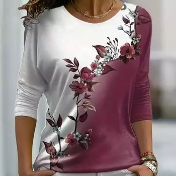 Топы для женщин с принтом цветов и растений, круглый вырез, длинный рукав, футболка, осенний повседневный тонкий пуловер, женский топ с длинным рукавом XS фиолетовый