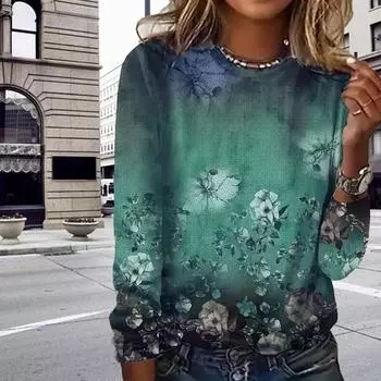 Топы для женщин с принтом цветов и градиентом, круглый вырез, длинный рукав, футболка, осенний повседневный тонкий пуловер, женский топ с длинным рукавом XS фиолетовый