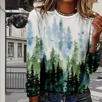 Топы для женщин с принтом «цветы, деревья, закат», круглым вырезом и длинными рукавами, осенняя повседневная тонкая футболка с длинными рукавами для женщин XS красный