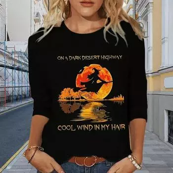 Топы для женщин с принтом деревьев и пейзажей, круглый вырез, длинный рукав, футболка, осенний повседневный тонкий пуловер, женский топ с длинным рукавом XS чёрный