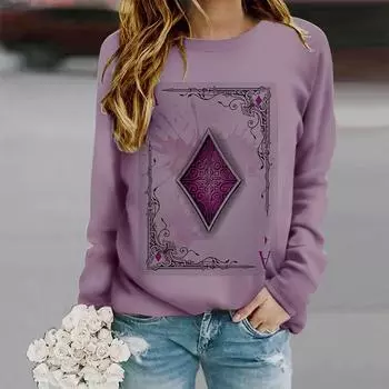 Топы для женщин с принтом Diamond Poker, круглым вырезом и длинным рукавом, футболка, осенний повседневный тонкий пуловер, женский топ с длинным рукавом XS фиолетовый
