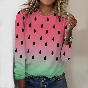 Топы для женщин с принтом фруктов и арбузов, круглый вырез, длинный рукав, футболка, осенний повседневный тонкий пуловер, женский топ с длинным рукавом XS розовый