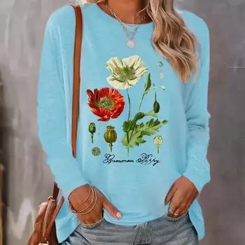 Топы для женщин с принтом гигантских цветущих растений, круглый вырез, длинный рукав, футболка, осенний повседневный тонкий пуловер, женский топ с длинным рукавом XS розовый