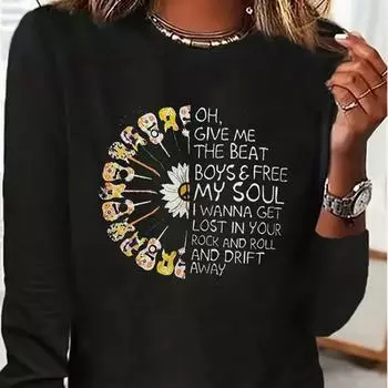 Топы для женщин с принтом гитары и цветочным лозунгом, круглым вырезом и длинным рукавом, футболка на осень, облегающий женский топ с длинным рукавом XS розовый