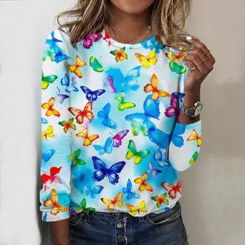 Топы для женщин с принтом «Группы бабочек» с круглым вырезом и длинными рукавами, футболка, повседневный тонкий женский топ с длинными рукавами XS розовый