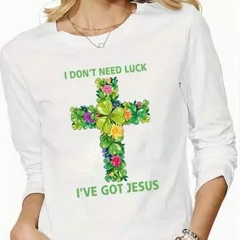 Топы для женщин с принтом клевера и креста, с круглым вырезом и длинным рукавом, футболка, осенний повседневный тонкий пуловер, женский топ с длинным рукавом XS белый