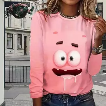 Топы для женщин с принтом комиксов 3D, круглый вырез, длинный рукав, футболка, осенний повседневный тонкий пуловер, женский топ с длинным рукавом XS розовый