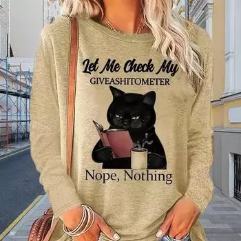 Топы для женщин с принтом «Кошка читает» с круглым вырезом и длинными рукавами, осенний повседневный тонкий пуловер, женский топ с длинными рукавами XS розовый