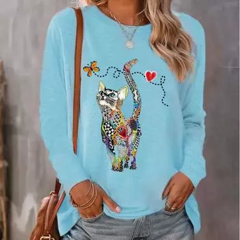 Топы для женщин с принтом «Кошка, гоняющаяся за бабочками», футболка с круглым вырезом и длинными рукавами, осенний повседневный тонкий пуловер, женский топ с длинными рукавами XS розовый