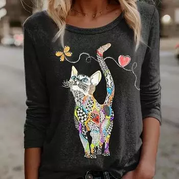 Топы для женщин с принтом «кошка ловит бабочку» и круглым вырезом, футболка с длинным рукавом, осенний повседневный тонкий пуловер, женский топ с длинным рукавом XS чёрный