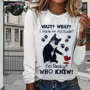 Топы для женщин с принтом «Кошка пьет кофе» и круглым вырезом, футболка с длинными рукавами, осенний повседневный тонкий пуловер, женский топ с длинными рукавами XS розовый