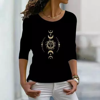 Топы для женщин с принтом красивой 3D луны, круглый вырез, длинный рукав, футболка, осенний повседневный тонкий пуловер, женский топ с длинным рукавом XS фиолетовый