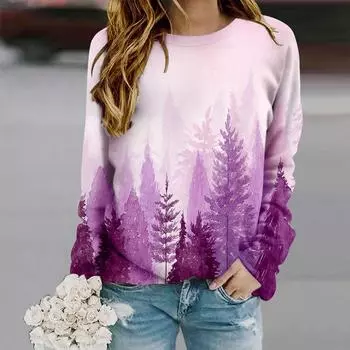 Топы для женщин с принтом «Лесные деревья», круглый вырез, длинный рукав, футболка, осенний повседневный тонкий пуловер, женский топ с длинным рукавом XS фиолетовый