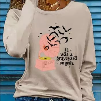 Топы для женщин с принтом летучей мыши и фонографа, с круглым вырезом и длинным рукавом, футболка, осенний повседневный тонкий пуловер, женский топ с длинным рукавом XS белый
