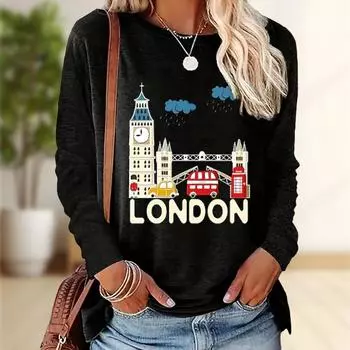 Топы для женщин с принтом «Лондонский мост» с круглым вырезом и длинными рукавами, осенняя повседневная тонкая кофта, женский топ с длинными рукавами XS чёрный