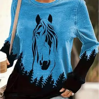 Топы для женщин с принтом лошадей и животных в виде 3D-животных, футболка с круглым вырезом и длинными рукавами, осенний повседневный тонкий пуловер, женский топ с длинными рукавами XS фиолетовый