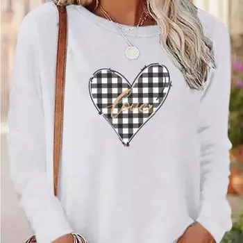 Топы для женщин с принтом «любовь в сетке» с круглым вырезом и длинными рукавами, осенняя повседневная тонкая кофточка, женский топ с длинными рукавами XS белый