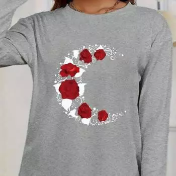 Топы для женщин с принтом лунной розы, круглым вырезом и длинными рукавами, футболка, осенний повседневный тонкий пуловер, женский топ с длинными рукавами XS чёрный