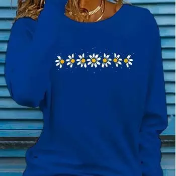 Топы для женщин с принтом маленькой хризантемы, круглым вырезом и длинным рукавом, футболка, осенний повседневный тонкий пуловер, женский топ с длинным рукавом XS белый