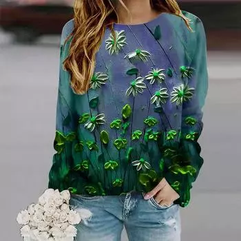 Топы для женщин с принтом масляной живописи и лаванды, с круглым вырезом и длинным рукавом, футболка на осень, облегающий женский топ с длинным рукавом XS фиолетовый