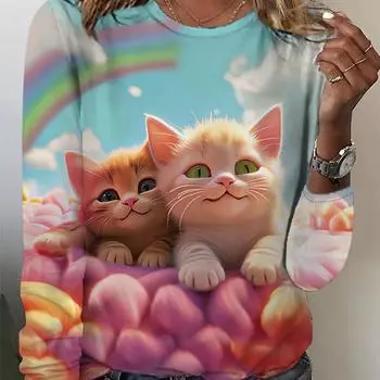 Топы для женщин с принтом милого кота в виде круглого выреза и длинным рукавом, футболка на осень, повседневный тонкий женский топ с длинным рукавом XS розовый