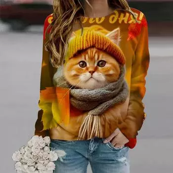 Топы для женщин с принтом милого кота в виде круглого выреза и длинным рукавом, футболка на осень, повседневный тонкий женский топ с длинным рукавом XS белый