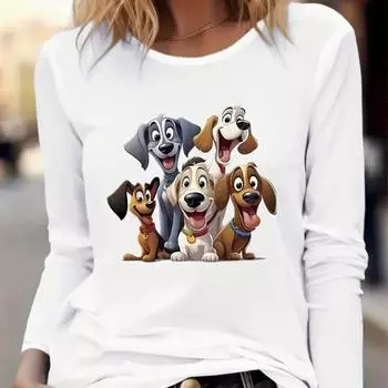Топы для женщин с принтом милой собаки 3D, круглый вырез, длинный рукав, футболка, осенний повседневный тонкий пуловер, женский топ с длинным рукавом XS белый