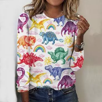 Топы для женщин с принтом мини-животных, круглый вырез, длинный рукав, футболка, осенний повседневный тонкий пуловер, женский топ с длинным рукавом XS розовый