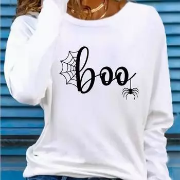 Топы для женщин с принтом паутины и алфавита, с круглым вырезом и длинным рукавом, футболка, повседневный тонкий женский топ с длинным рукавом XS белый