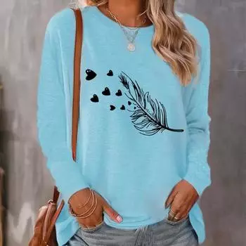 Топы для женщин с принтом «Перья и любовь», круглый вырез, длинный рукав, футболка, осенний повседневный тонкий пуловер, женский топ с длинным рукавом XS розовый