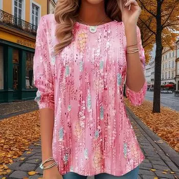 Топы для женщин с принтом плюща и цветочным принтом, с круглым вырезом и длинными рукавами, осенний повседневный тонкий пуловер, женский топ с длинными рукавами XS розовый