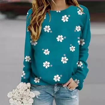 Топы для женщин с принтом ярких хризантем, круглым вырезом и длинным рукавом, футболка, осенний повседневный тонкий пуловер, женский топ с длинным рукавом XS фиолетовый
