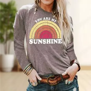 Топы для женщин с принтом радужного пигмента, круглым вырезом и длинным рукавом, футболка, осенний повседневный тонкий пуловер, женский топ с длинным рукавом XS чёрный