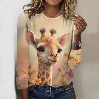 Топы для женщин с принтом радужного жирафа, круглым вырезом и длинным рукавом, футболка, осенний повседневный тонкий пуловер, женский топ с длинным рукавом XS розовый