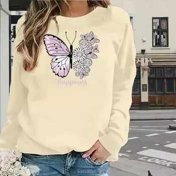 Топы для женщин с принтом ромашек, бабочек и букв, с круглым вырезом и длинным рукавом, футболка, повседневный тонкий женский топ с длинным рукавом XS розовый