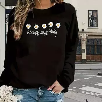 Топы для женщин с принтом ромашек и букв, круглый вырез, длинный рукав, футболка, осенний повседневный тонкий пуловер, женский топ с длинным рукавом XS розовый
