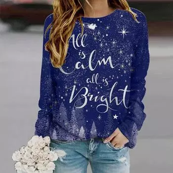 Топы для женщин с принтом рождественских букв, круглый вырез, длинный рукав, футболка, осенний повседневный тонкий пуловер, женский топ с длинным рукавом XS розовый