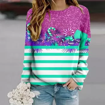 Топы для женщин с принтом рождественских линий, круглый вырез, длинный рукав, футболка, осенний повседневный тонкий пуловер, женский топ с длинным рукавом XS фиолетовый