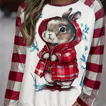Топы для женщин с принтом рождественского кролика в виде круглого выреза и длинными рукавами, осенняя повседневная тонкая кофта-пуловер для женщин с длинными рукавами XS фиолетовый