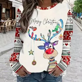 Топы для женщин с принтом рождественского оленя, круглым вырезом и длинными рукавами, футболка, осенний повседневный тонкий пуловер, женский топ с длинными рукавами XS белый