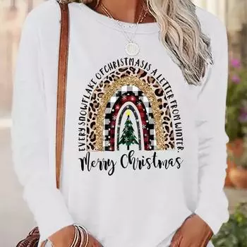 Топы для женщин с принтом рождественской елки и радуги, круглый вырез, длинный рукав, футболка, осенний повседневный тонкий пуловер, женский топ с длинным рукавом XS белый