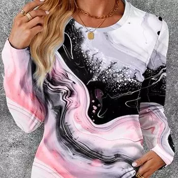 Топы для женщин с принтом розового мрамора, круглым вырезом и длинным рукавом, футболка, осенний повседневный тонкий пуловер, женский топ с длинным рукавом XS розовый
