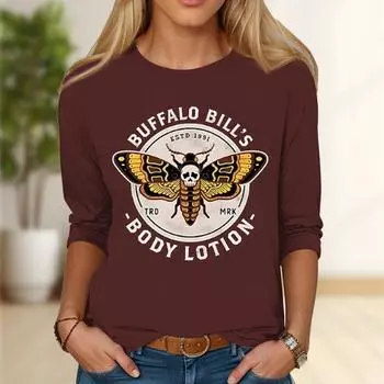 Топы для женщин с принтом скелета моли, круглым вырезом и длинным рукавом, футболка, осенний повседневный тонкий пуловер, женский топ с длинным рукавом XS чёрный