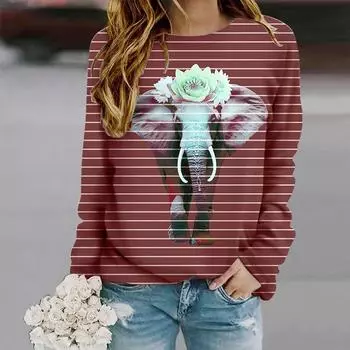 Топы для женщин с принтом слона и цветка, круглый вырез, длинный рукав, футболка, осенний повседневный тонкий пуловер, женский топ с длинным рукавом XS фиолетовый