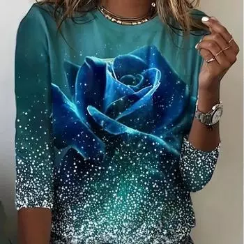 Топы для женщин с принтом снежинок и роз, круглый вырез, длинный рукав, футболка, осенний повседневный тонкий пуловер, женский топ с длинным рукавом XS розовый