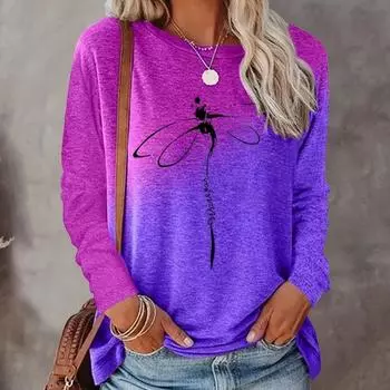 Топы для женщин с принтом стрекозы в градиентных тонах, с круглым вырезом и длинными рукавами, футболка, повседневный тонкий женский топ с длинными рукавами XS фиолетовый