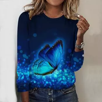 Топы для женщин с принтом светящихся бабочек 3D, круглым вырезом и длинными рукавами, футболка, осенний повседневный тонкий пуловер, женский топ с длинными рукавами XS красный