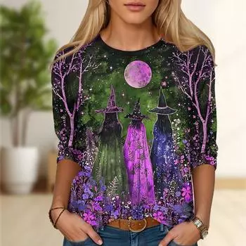Топы для женщин с принтом «Три ведьмы» с круглым вырезом и длинными рукавами, футболка, осенний повседневный тонкий пуловер, женский топ с длинными рукавами XS фиолетовый